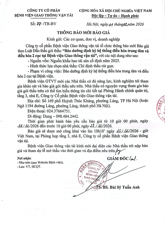 THÔNG BÁO MỜI BÁO GIÁ “Bảo dưỡng định kỳ hệ thống điều hỏa trung tâm và điều hòa 2 cục tại Bệnh viện Giao thông vận tải”