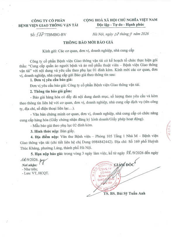 THÔNG BÁO MỜI BÁO GIÁ gói thầu: 