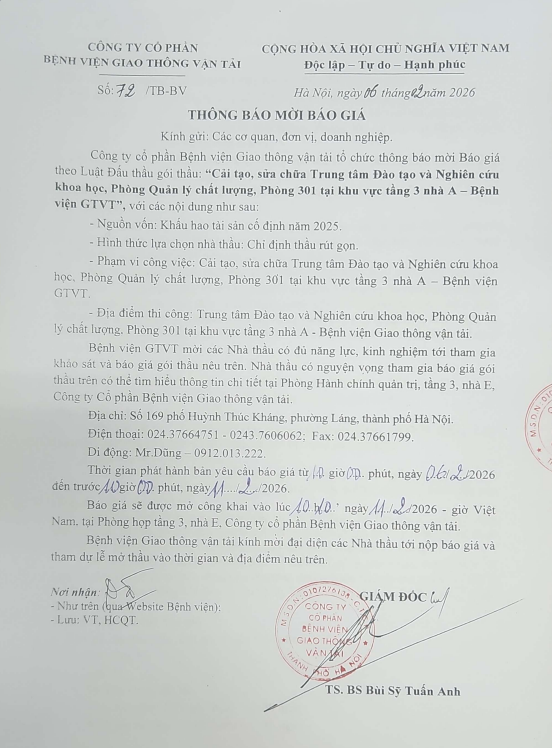 THÔNG BÁO MỜI BÁO GIÁ: “Cải tạo, sửa chữa Trung tâm Đào tạo và Nghiên cứu khoa học, Phòng Quản lý chất lượng, Phòng 301 tại khu vực tầng 3 nhà A – Bệnh viện GTVT