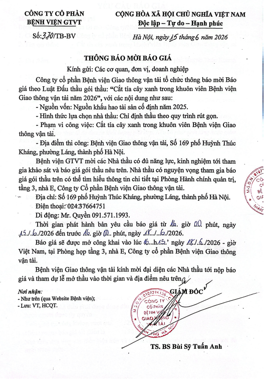 THÔNG BÁO MỜI BÁO GIÁ 