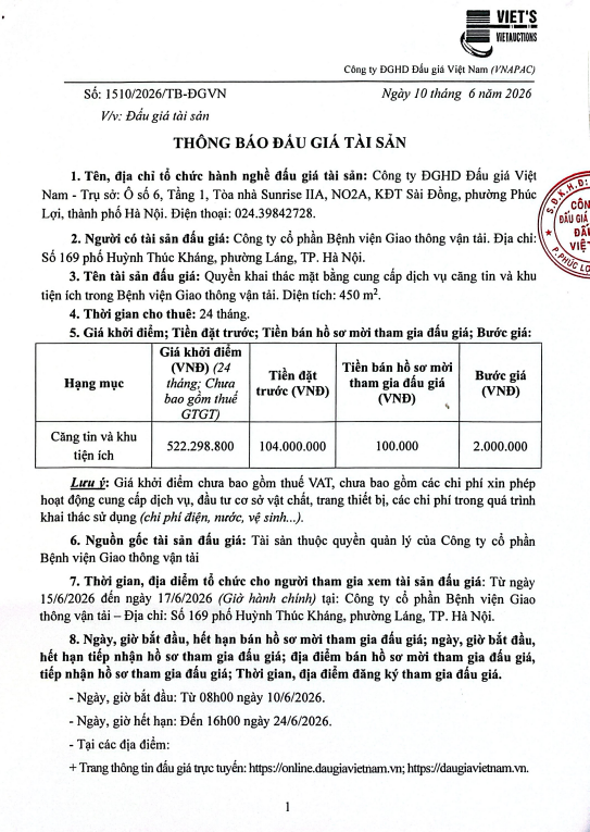 THÔNG BÁO ĐẢU GIÁ TÀI SẢN