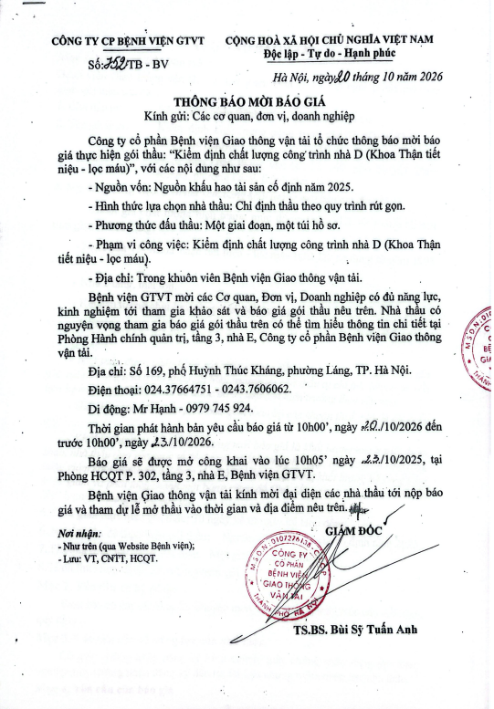 THÔNG BÁO MỜI BÁO GIÁ gói thầu: “Kiểm định chất lượng công trình nhà D (Khoa Thận tiết niệu - lọc máu)”