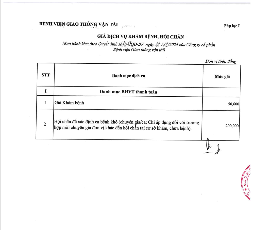 Quyết Định Giá dịch vụ khám bệnh, chữa bệnh áp dụng tại Công ty cổ phần Bệnh viện Gia thông vận tải