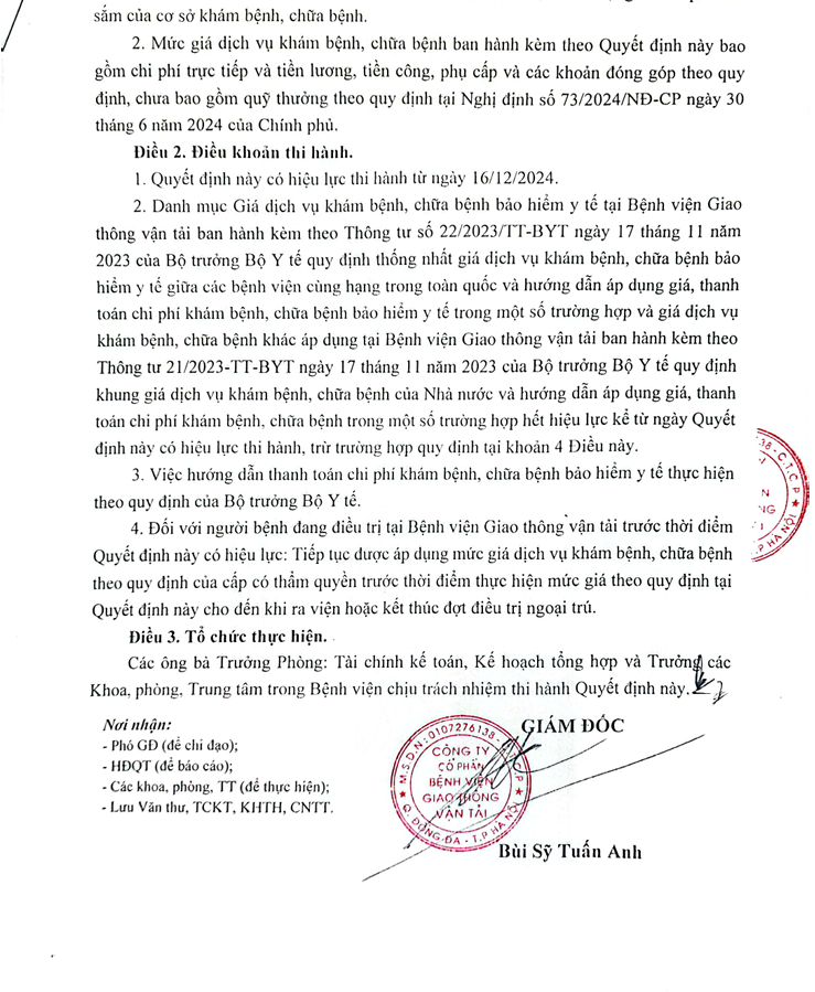 Quyết Định Giá dịch vụ khám bệnh, chữa bệnh áp dụng tại Công ty cổ phần Bệnh viện Gia thông vận tải