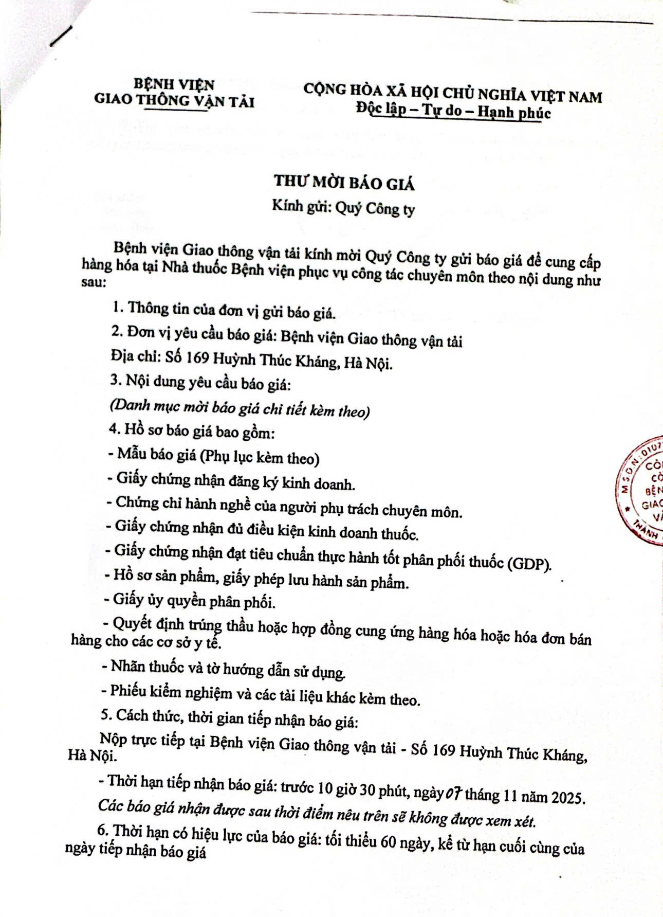 2025.10.28. Thư mời báo giá số 2 hàng hóa nhà thuốc bệnh viện