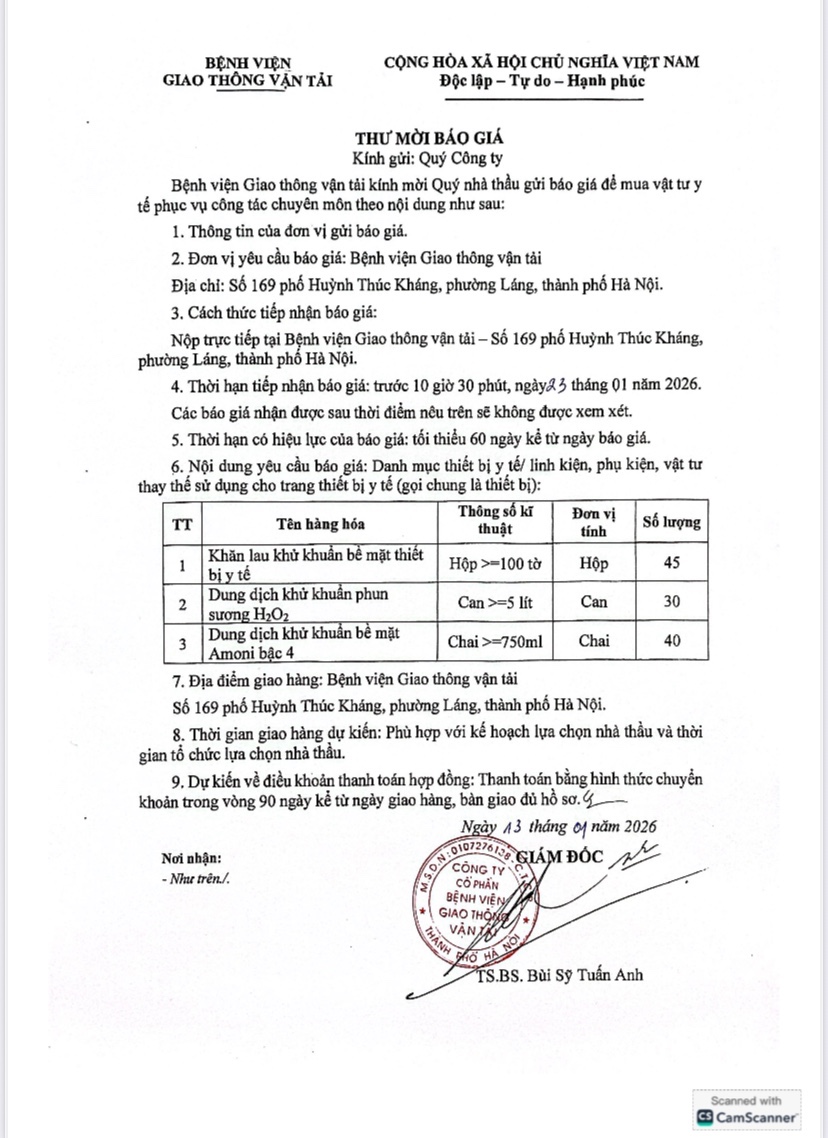 13.01.2026. Thư mời báo giá khử khuẩn