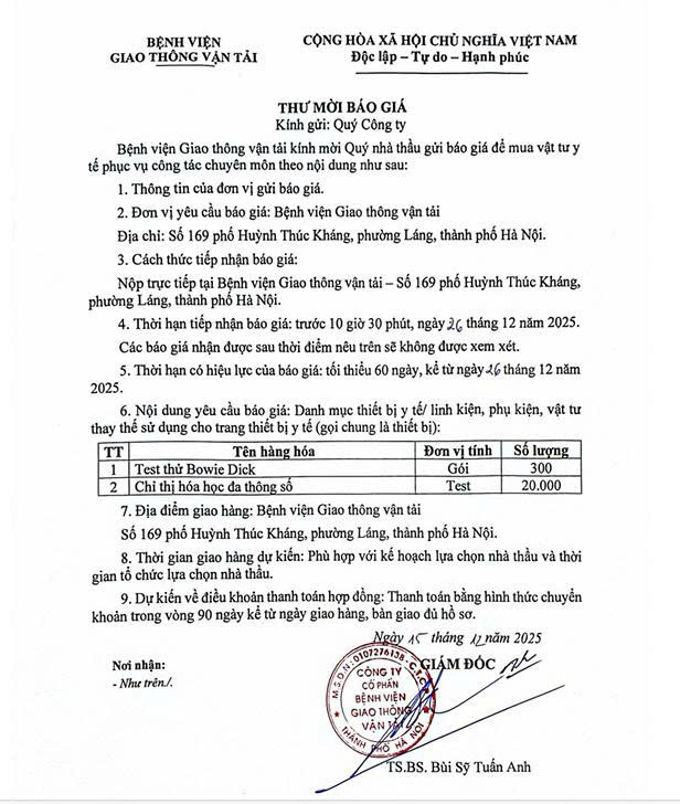 16.12.2025. Thư mời báo giá chỉ thị hóa học