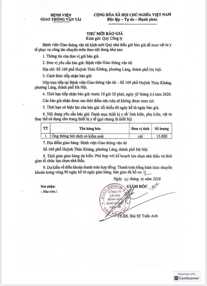 20.01.2026. Thư mời báo giá ống hút dịch