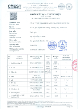 Kết quả xét nhiệm nước sạch CÔNG TY CỔ PHẦN BỆNH VIỆN GIAO THÔNG VẬN TẢI tháng 9 năm 2026