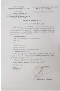 Thông báo mời báo giá cải tạo hệ thống rãnh thoát nước và đổ bê tông mặt bằng khu vực sân nhà G và nhà E để làm bãi đỗ xe - Bệnh viện GTVT