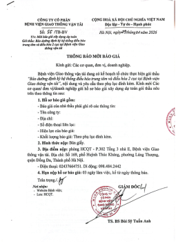 THÔNG BÁO MỜI BÁO GIÁ “Bảo dưỡng định kỳ hệthống điều hòa trung tâm và điều hòa 2 cực tại Bệnh viện Giao thông vận tải”