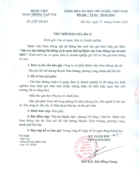 THƯ MỜI BÁO GIÁ “Bảo trì, bảo dưỡng Hệ thống xứ lý nước thải tại Bệnh viện Giao thông vận tải năm 2026