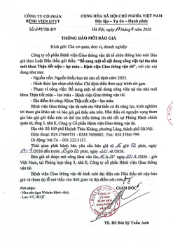 THÔNG BẢO MỜI BẢO GIÁ “Bỗ sung một số nội dung công việc tại tòa nhà mới khoa Thận tiết niệu – lọc máu – Bệnh viện Giao thông vận tải