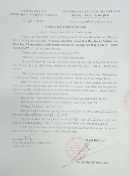 THÔNG BÁO MỜI BÁO GIÁ: “Cải tạo, sửa chữa Trung tâm Đào tạo và Nghiên cứu khoa học, Phòng Quản lý chất lượng, Phòng 301 tại khu vực tầng 3 nhà A – Bệnh viện GTVT