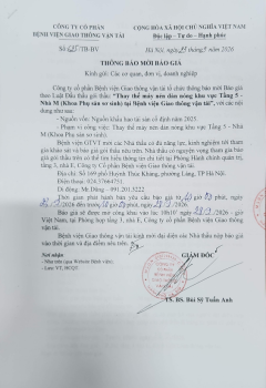 THÔNG BÁO MỜI BÁO GIÁ gói thầu: “Thay thế máy nén dàn nóng khu vực Tầng 5 - Nhà M (Khoa Phụ sản sơ sinh) tại Bệnh viện Giao thông vận tải”