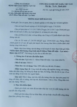 THÔNG BÁO MỜI BÁO GIÁ gói thầu “Kiểm định chất lượng công trình nhà D (Khoa Thận tiết niệu – Lọc máu) - Bệnh viện GTVT