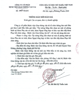 THÔNG BÁO MỜI BÁO GIÁ gói thầu: “Ốp tường bằng tấm nhựa tại một số phòng bệnh tại khoa Phụ sản sơ sinh, khoa Ngoại tổng hợp và khu vực đón tiếp khoa Phục hồi chức năng – Bệnh viện Giao thông vận tải