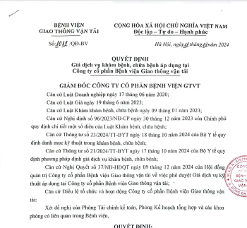 Quyết Định Giá dịch vụ khám bệnh, chữa bệnh áp dụng tại Công ty cổ phần Bệnh viện Gia thông vận tải