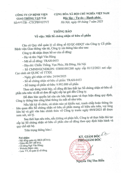 Thông báo: về việc Mất Sổ chứng nhận sở hữu cổ phần