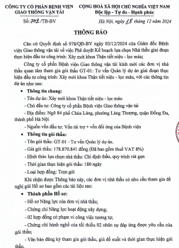 Thư mời báo giá gói thầu GT-01: Tư vấn Quản lý dự án giai đoạn thực hiện đầu tư công trình: Xây mới khoa Thận tiết niệu - lọc máu