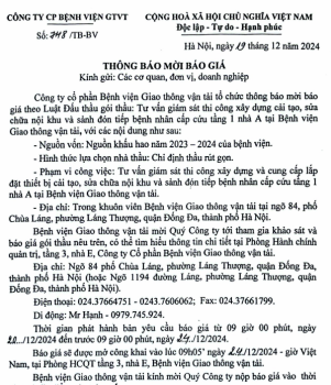 Thư mời báo giá gói thầu: Tư vấn giám sát thi công xây dựng cải tạo, sửa chữa nội khu và sảnh tiếp đón bệnh nhân cấp cứu tầng 1 nhà A
