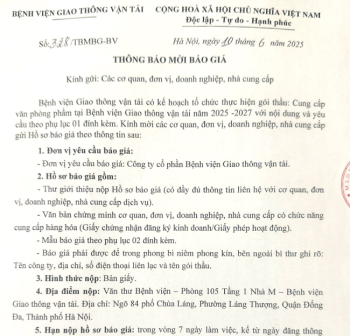 Thông báo mời báo giá gói thầu: Cung cấp văn phòng phẩm tại Bệnh viện Giao thông vận tải năm 2025 - 2027