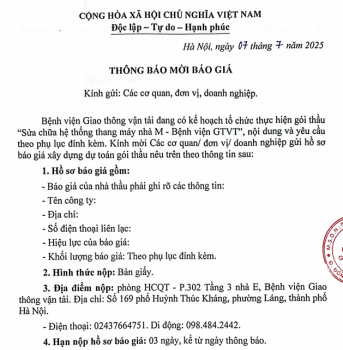 Thông báo mời báo giá gói thầu: Sửa chữa hệ thống thang máy nhà M - Bệnh viện Giao thông vận tải
