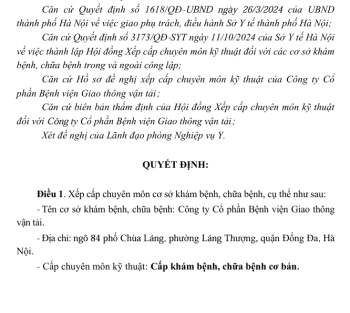 Xếp cấp chuyên môn kỹ thuật cơ sở khám bệnh, chữa bệnh