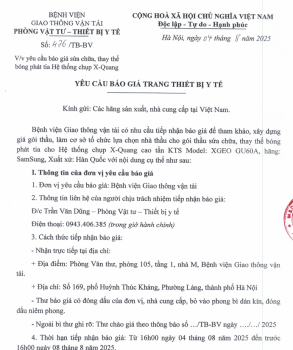Yêu cầu báo giá trang thiết bị y tế gói thầu: Sửa chữa, thay thế bóng phát tia cho Hệ thống chụp X-Quang cao tần KTS Model: XGEO GU60A, hãng SamSung
