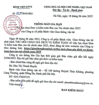 Thông báo gia hạn về việc lựa chọn Đơn vị kiểm toán Báo cáo Tài chính năm 2025 của CTCP Bệnh viện GTVT